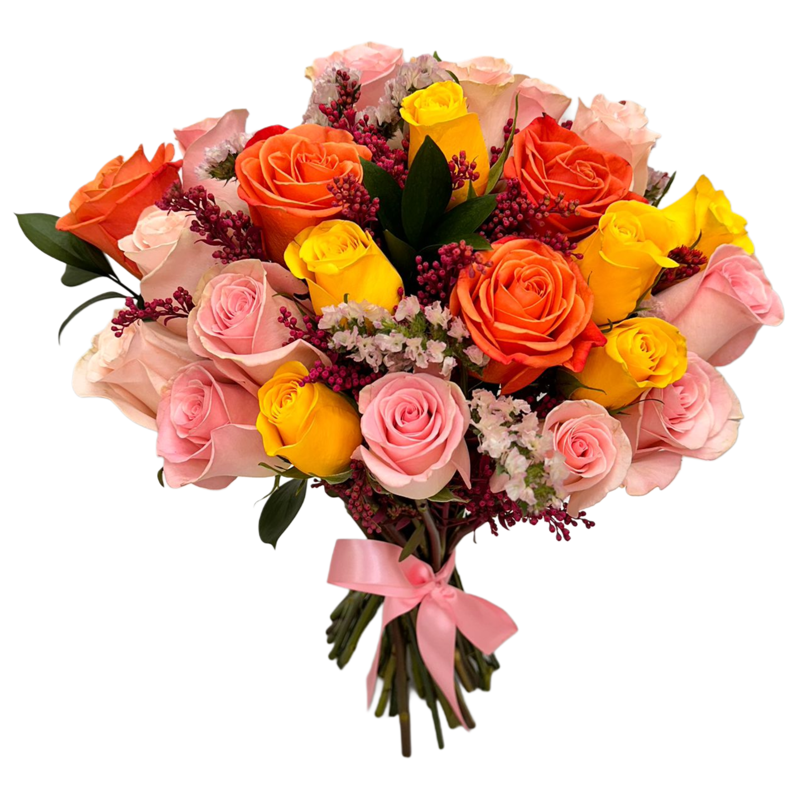 A bouquet of pink, yellow and coral roses